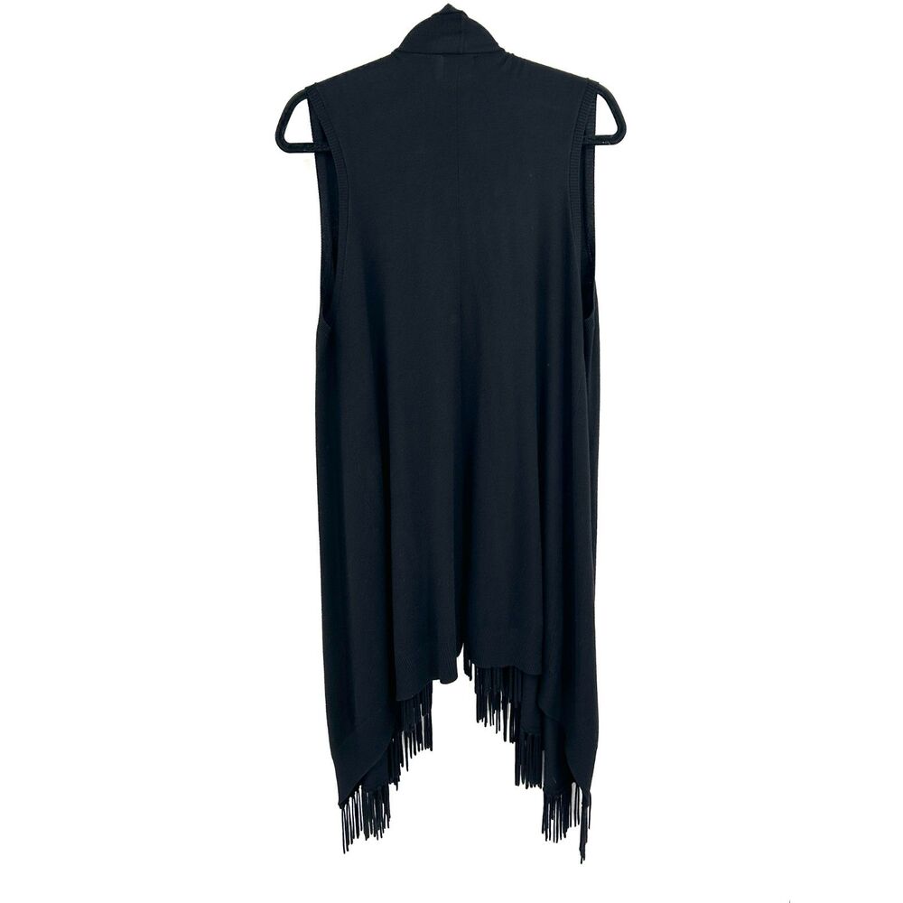 ALCEE Black Sleeveless Open Front Fringe Long Knit Duster Vest Cardigan Large - Picture 2 of 5